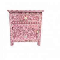 Bone Inlay Large Bedside Table - Deep Pink Floral