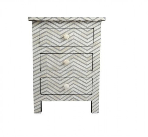 Bone Inlay Bedside Table - Grey Zig Zag