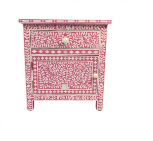 Bone Inlay Large Bedside Table - Deep Pink Floral
